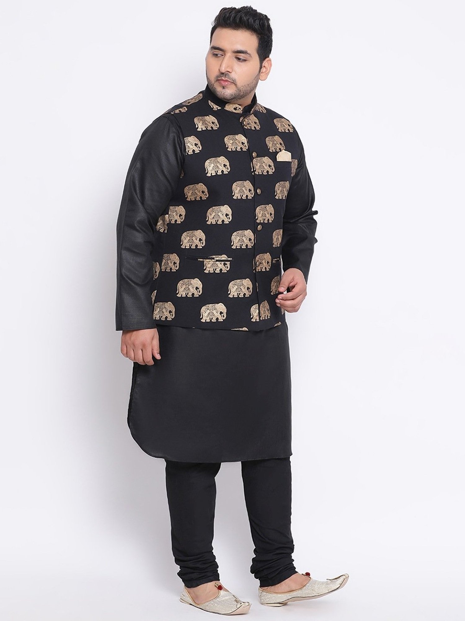 KISAH PLUS Black Regular Fit Printed Kurta Set With Jacket