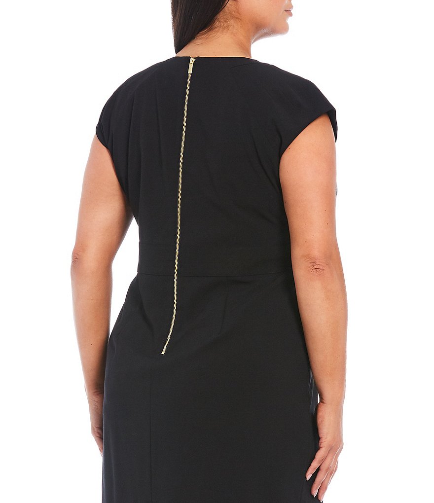 Jkara Plus V-Neck Short Sleeve Beaded Bodice Capelet Gown