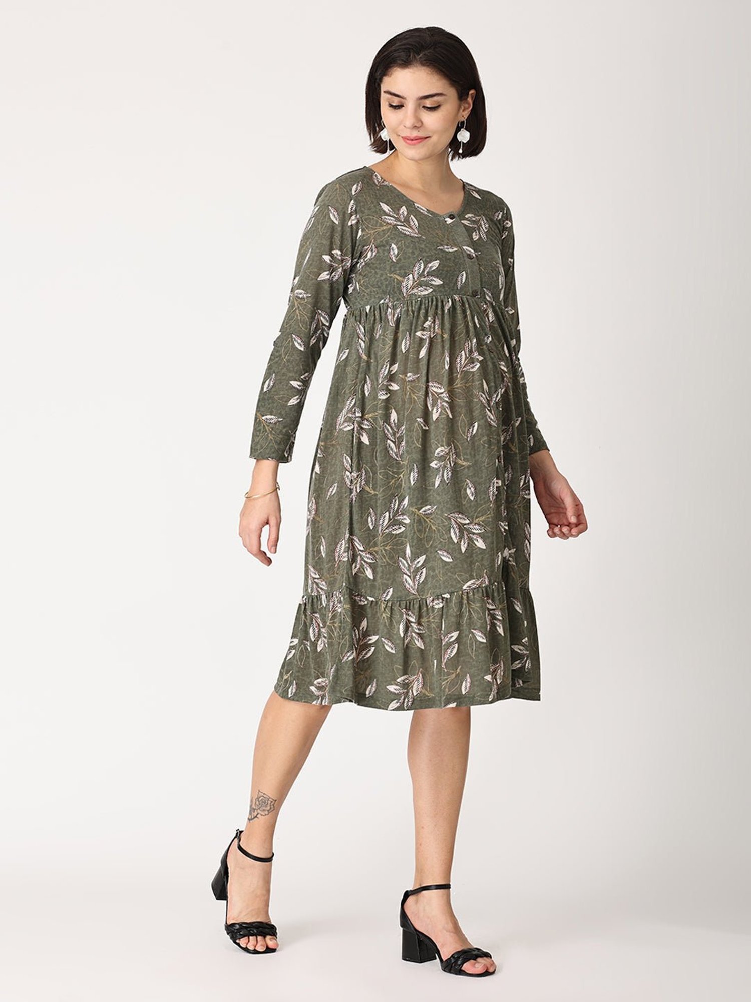 The Mom Store Olive Printed Maternity & Nursing Dress