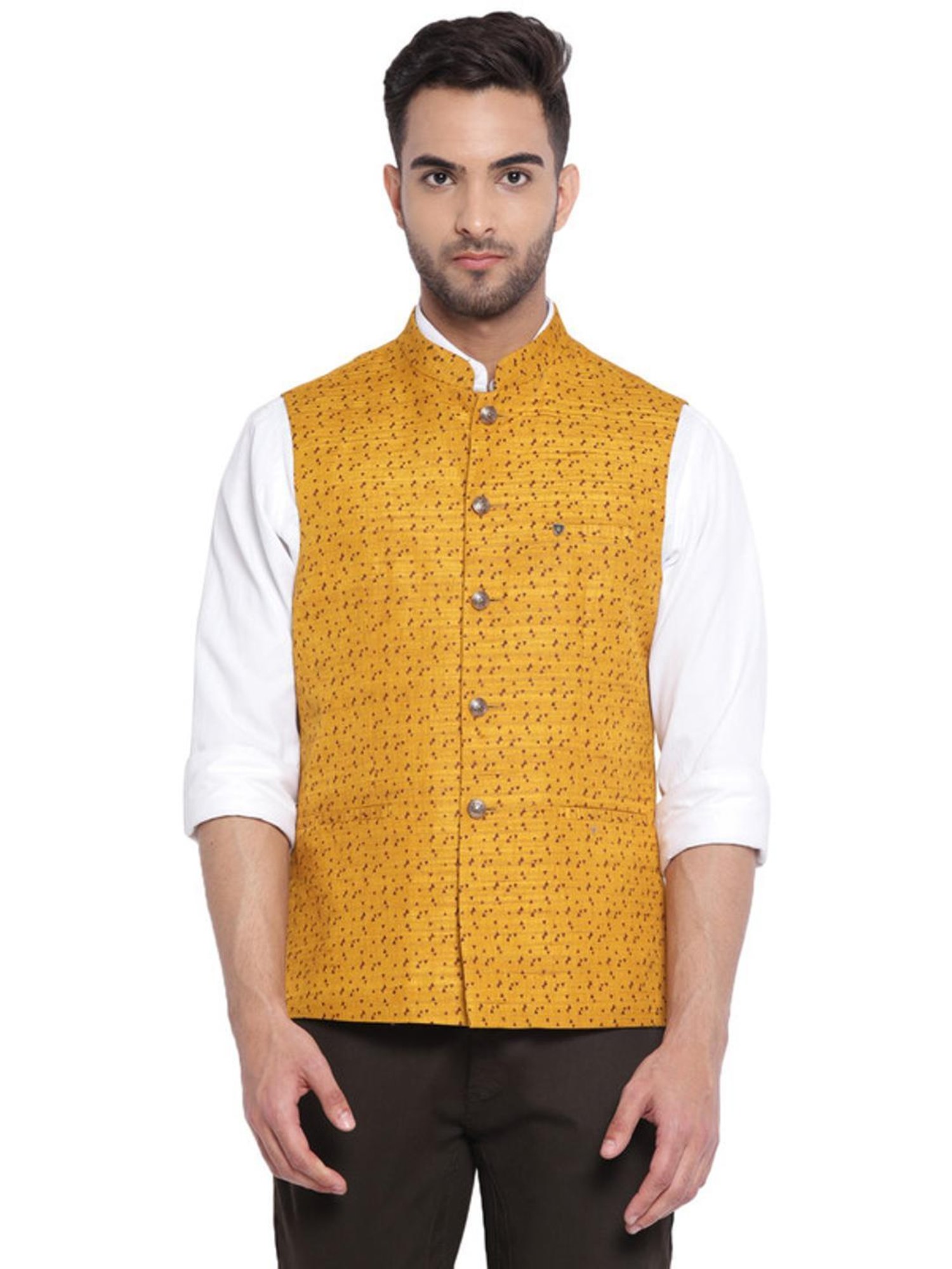 Turtle Yellow Cotton Slim Fit Printed Nehru Jacket