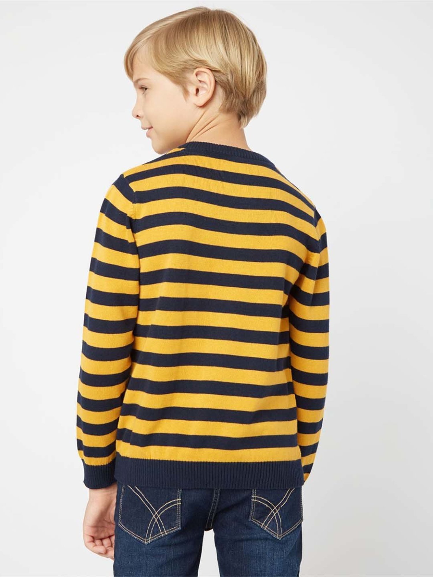 Gas Kids Mustard & Navy Cotton Striped Full Sleeves Pullover Sweater
