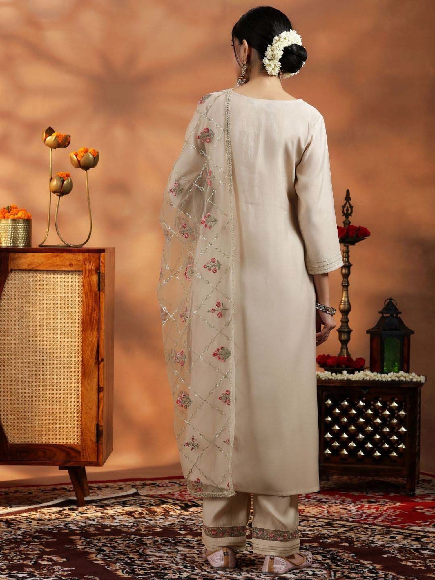 Libas Beige Embroidered Kurta Pant Set With Dupatta
