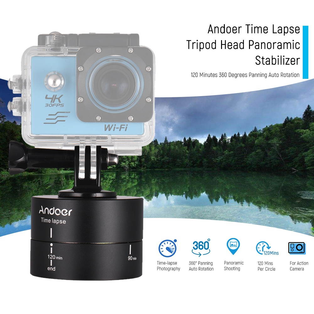 Andoer 120 Minutes 360 Degrees Panning Auto Rotation Time Lapse Tripod Head Panoramic Stabilizer for GoPro Hero6 5 4 3 3+ for Lightweight DSLR ILDC Camera for iPhone Samsung Huawei Smartphones