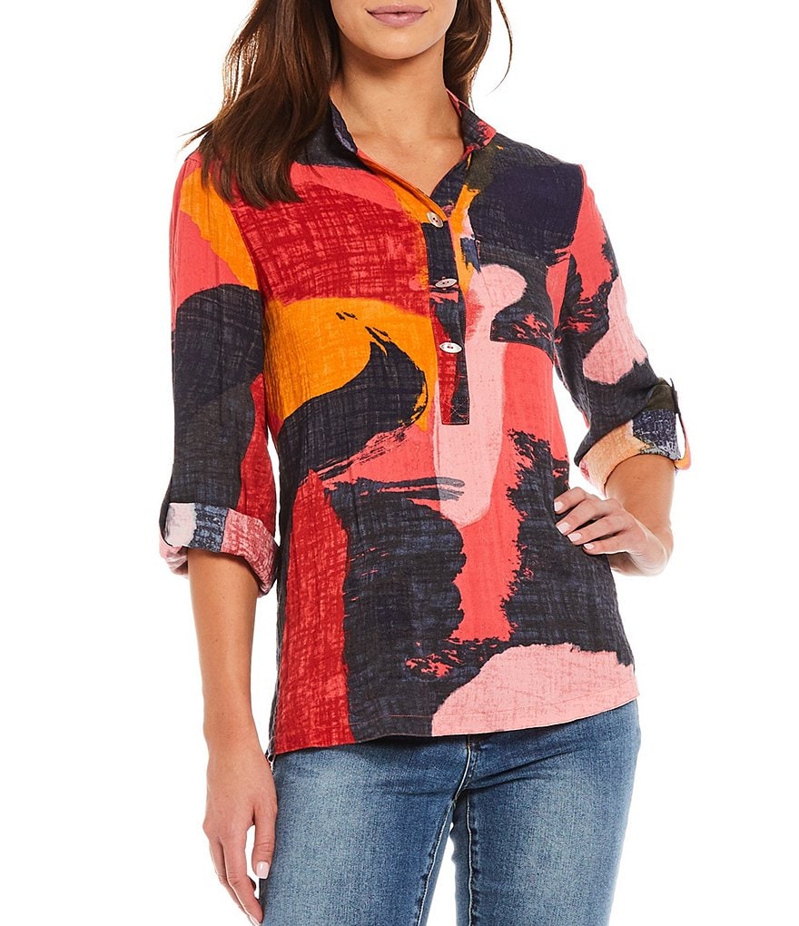 John Mark Abstract Brushstroke Print 3/4 Roll Tab Sleeve Banded Collar Tunic