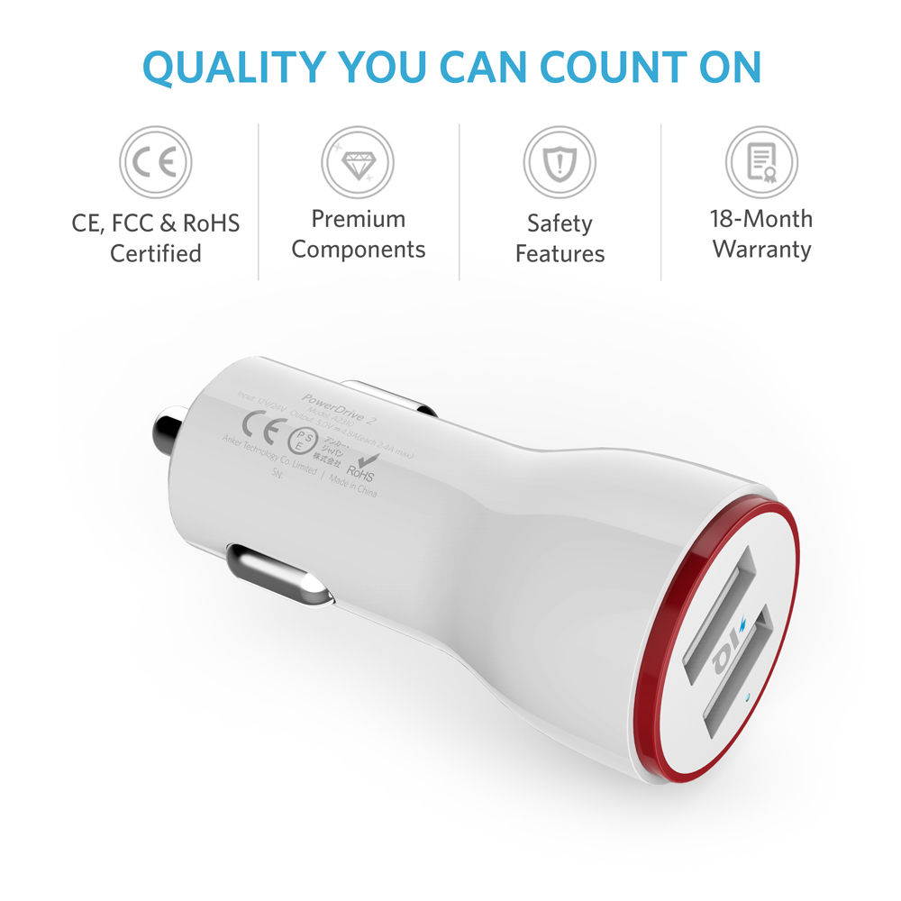 Anker PowerDrive 2 24W 2-Port USB Car Charger + 3ft Micro USB to USB Cable Combo