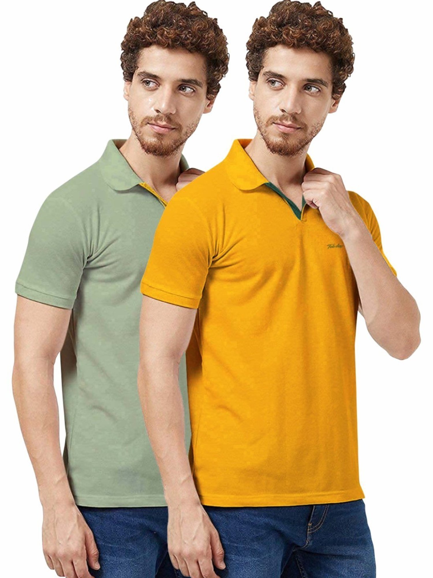 Tab91 Sage & Yellow Regular Fit Printed Polo T-Shirts
