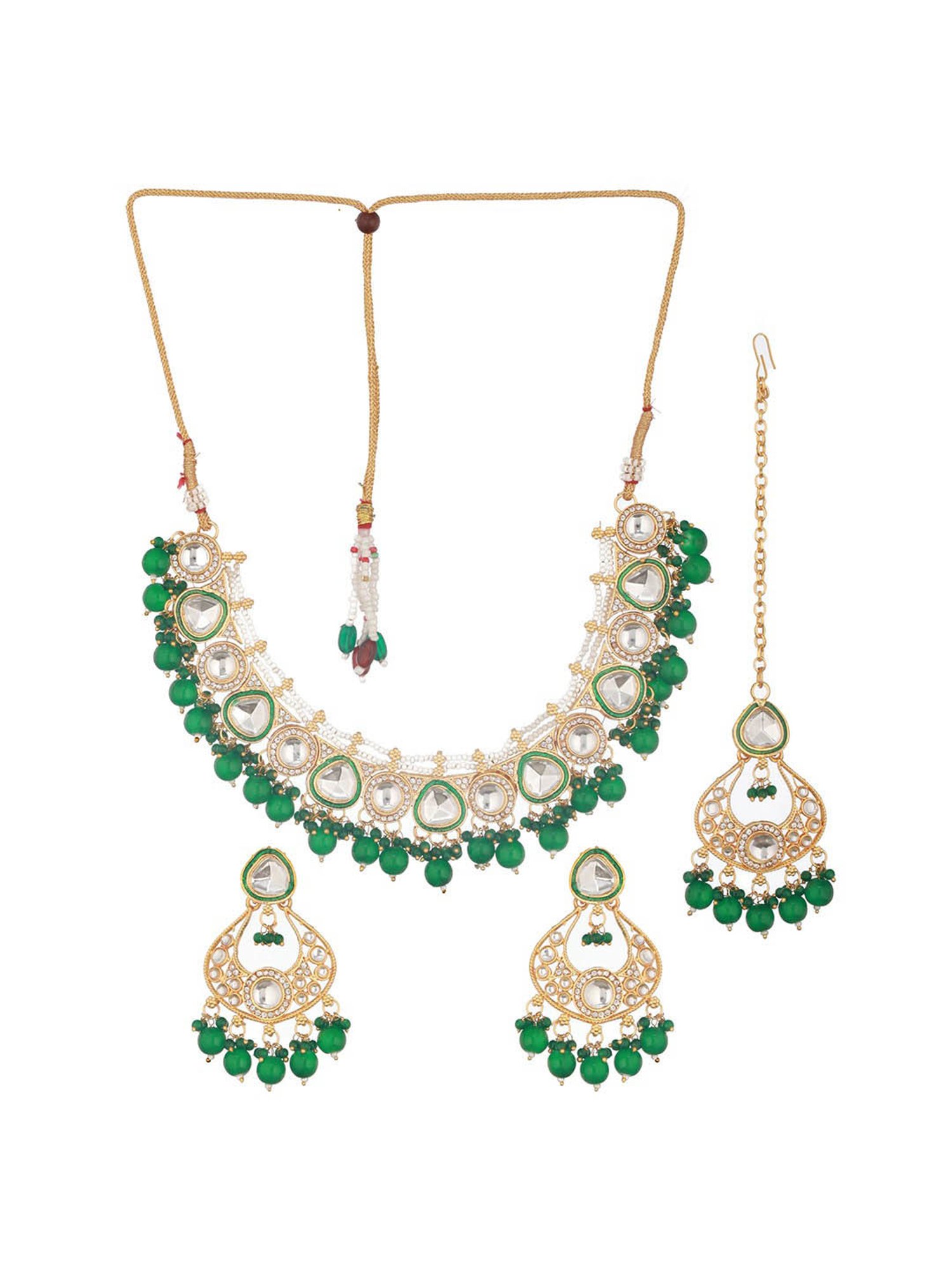 Aatmana Gold-Plated Green & White Kundan-Studded Jewellery Set with Maangtikka for Women