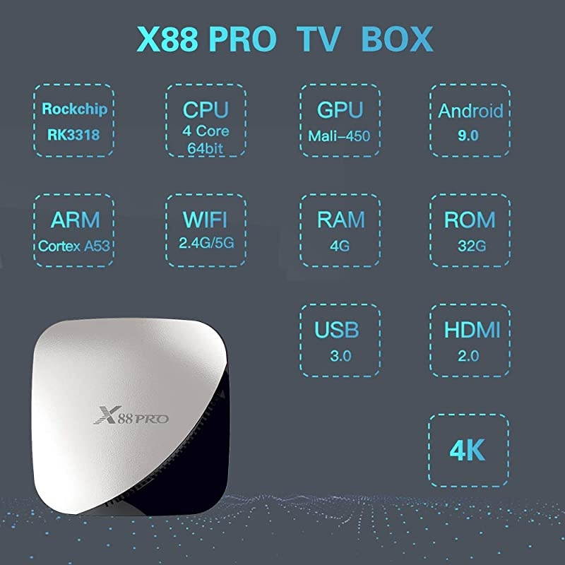 10.0 TV Box, X88 Pro 10 Box 4GB RAM 32GB ROM RK3318 Quad-Core Support 2.4G/5.8G Dual WiFi Bluetooth 4.0 Ethernet LNA 3D 4K