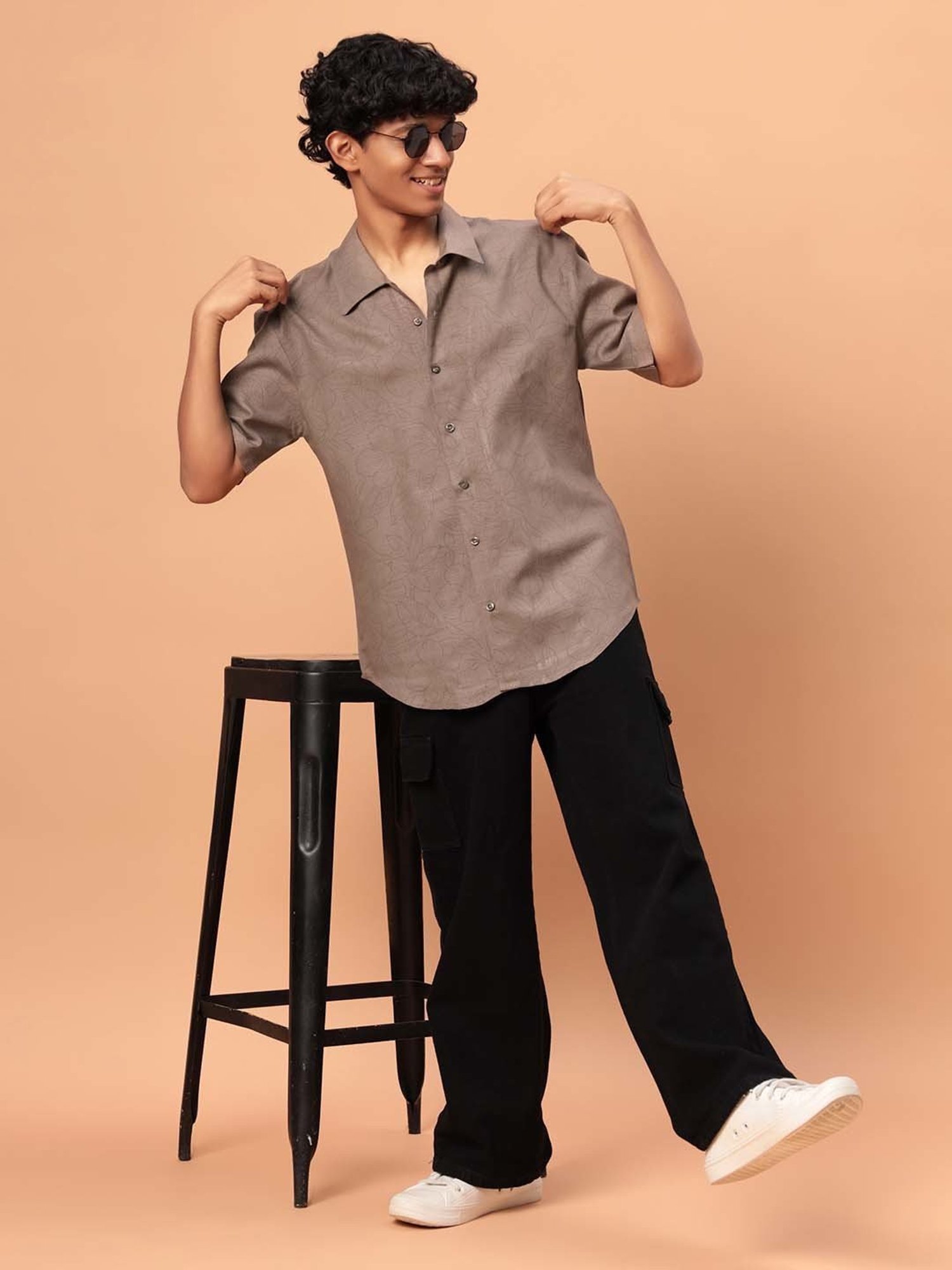 TeenTrums Kids Brown Cotton Floral Print Shirt