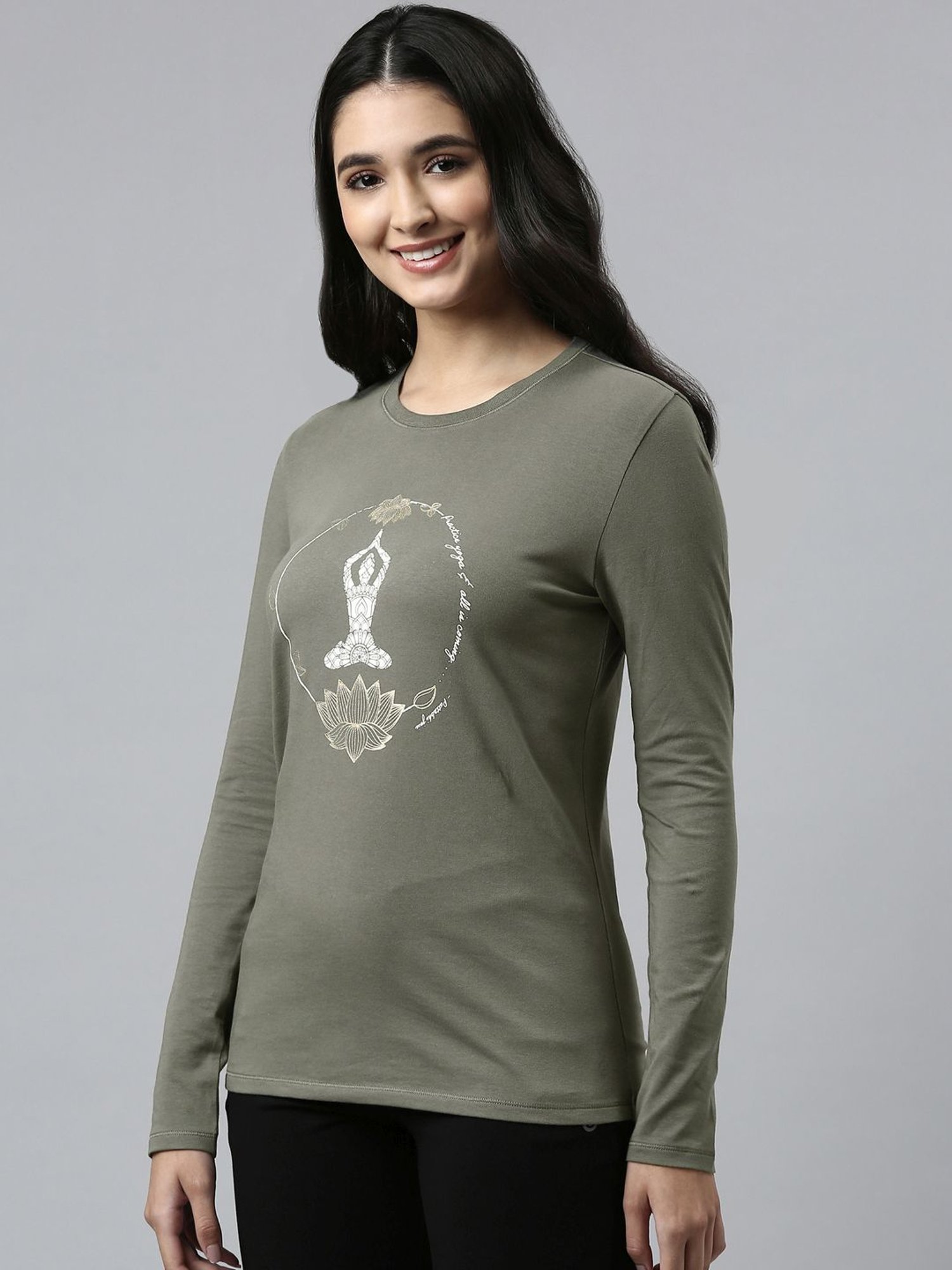 Enamor Greenish Grey Graphic Print T-Shirt