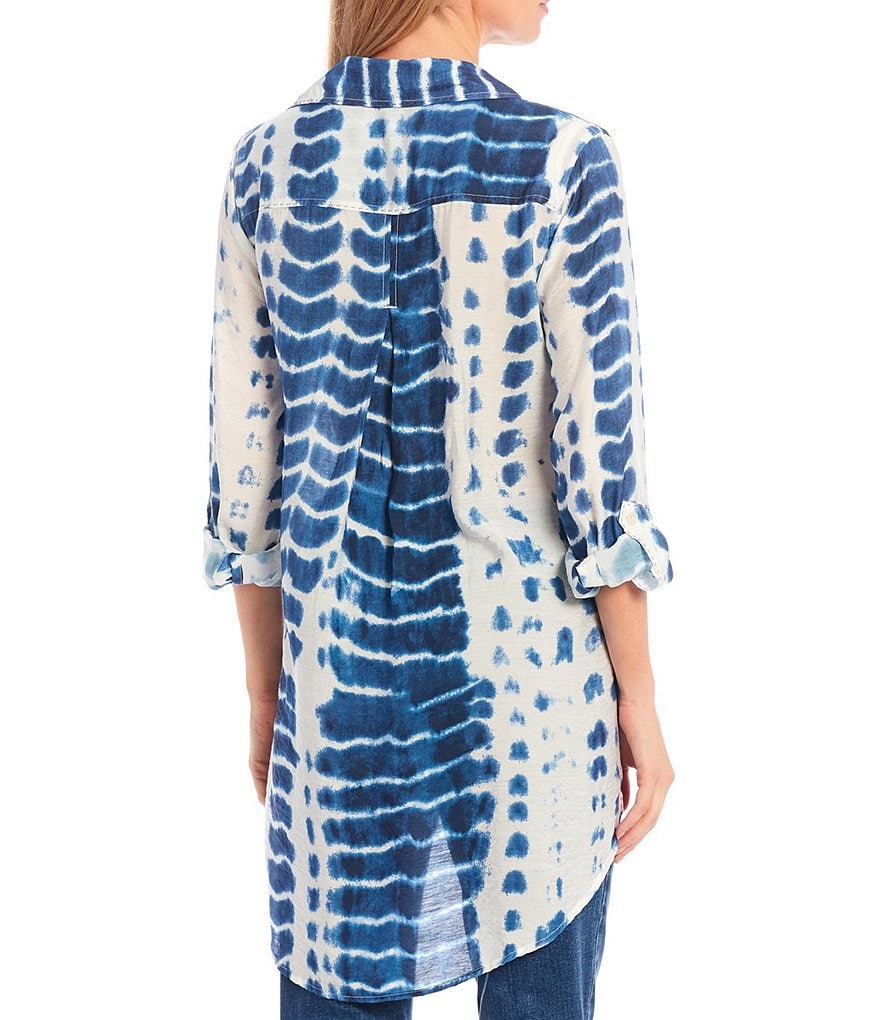 John Mark Roll Tab Sleeve Tie-Dye Print Button Front Pocket Tunic