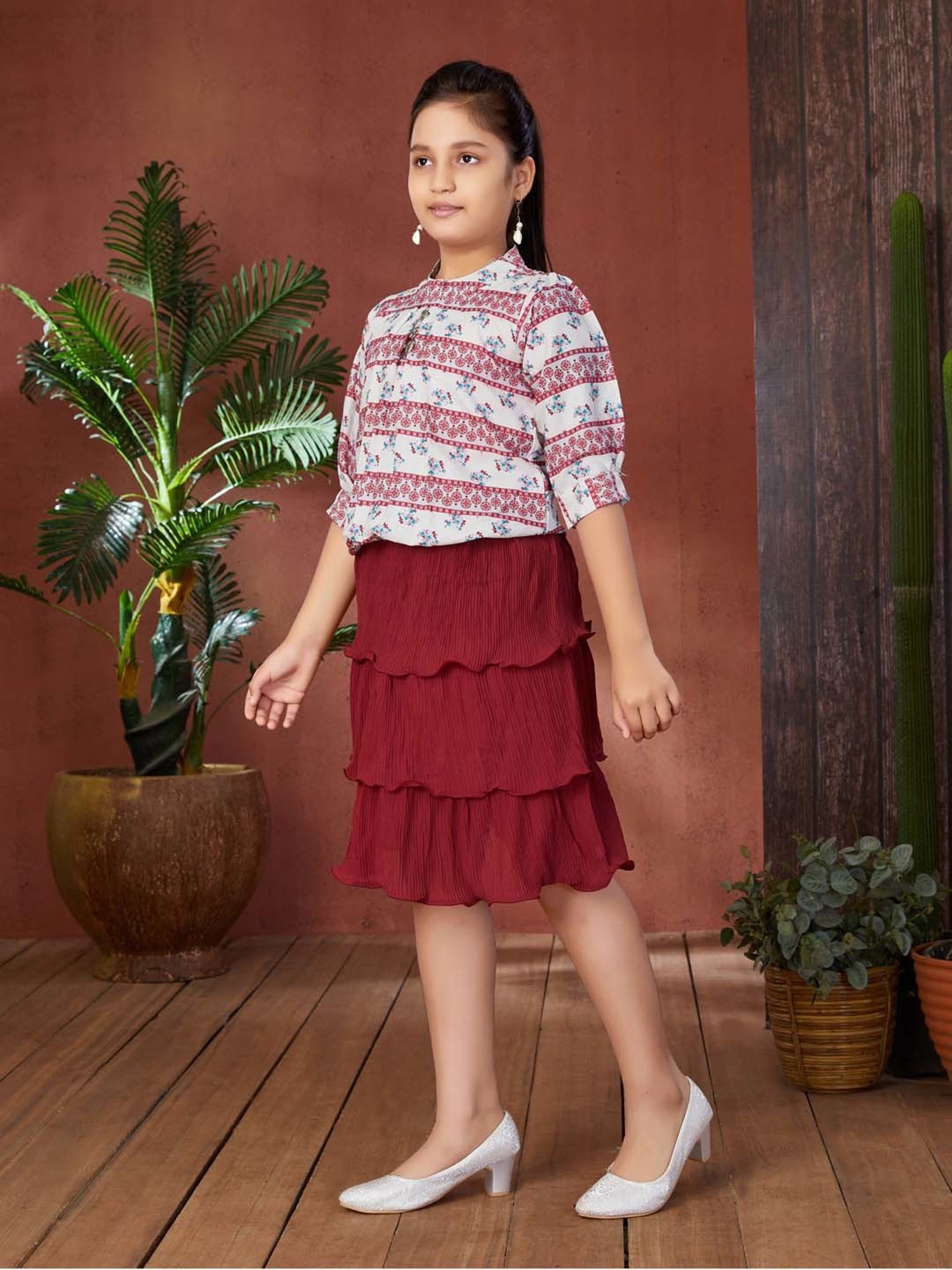 Aarika Girls Off White & Maroon Printed Top with Skirt