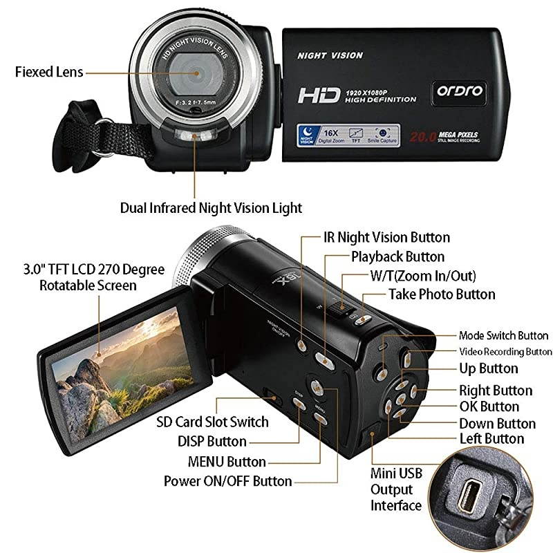 Camcorders  HDV-V12 HD 1080P Video Camera Recorder Infrared Night Vision Camera Camcorders with 16G SD Card and 2 Batteries