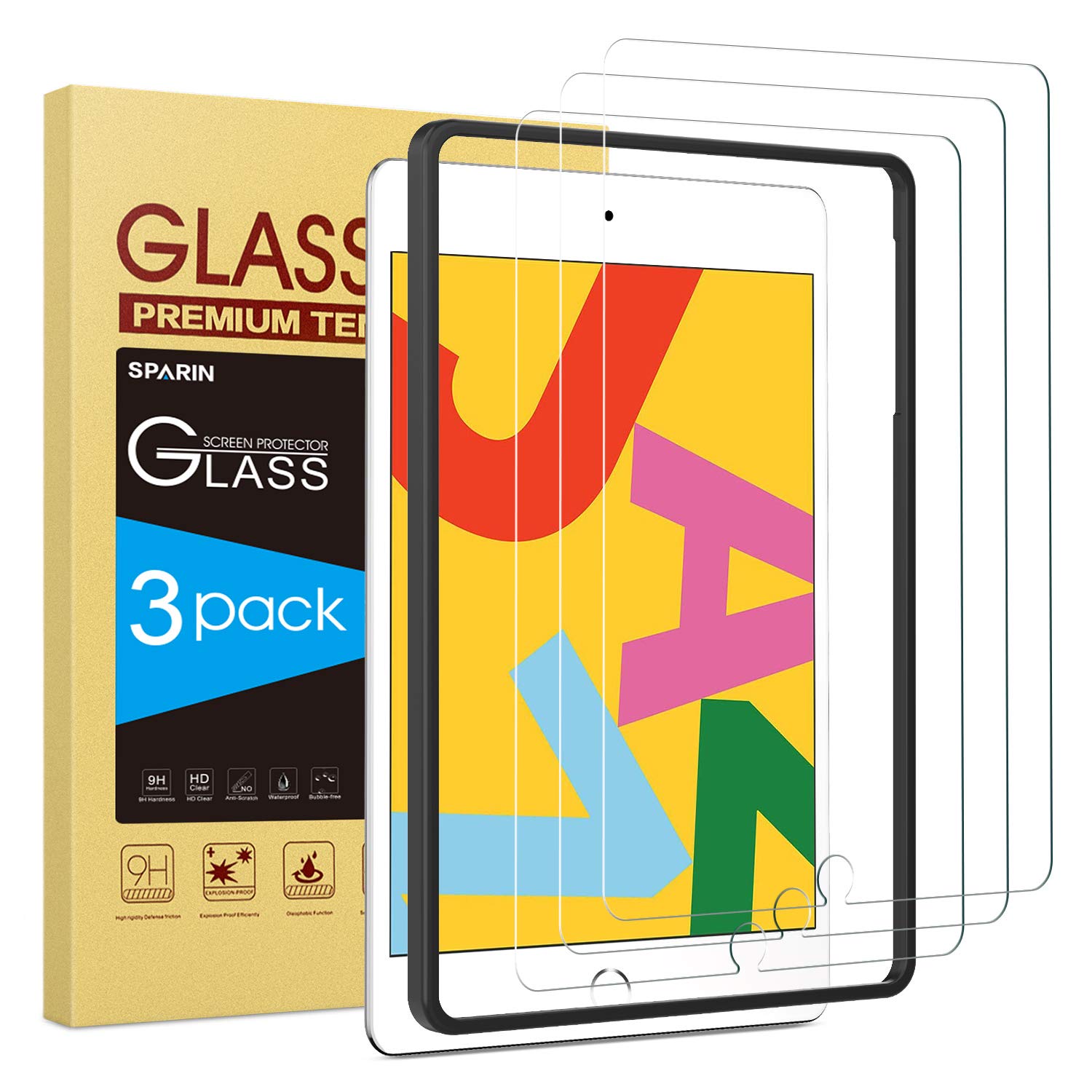 [3 Pack] Screen Protector for iPad 10.2 (2019), SPARIN Tempered Glass for iPad 10.2 (7th Gen) 2019 Released [High Sensitivity] [Easy Installation] [Bubble Free]