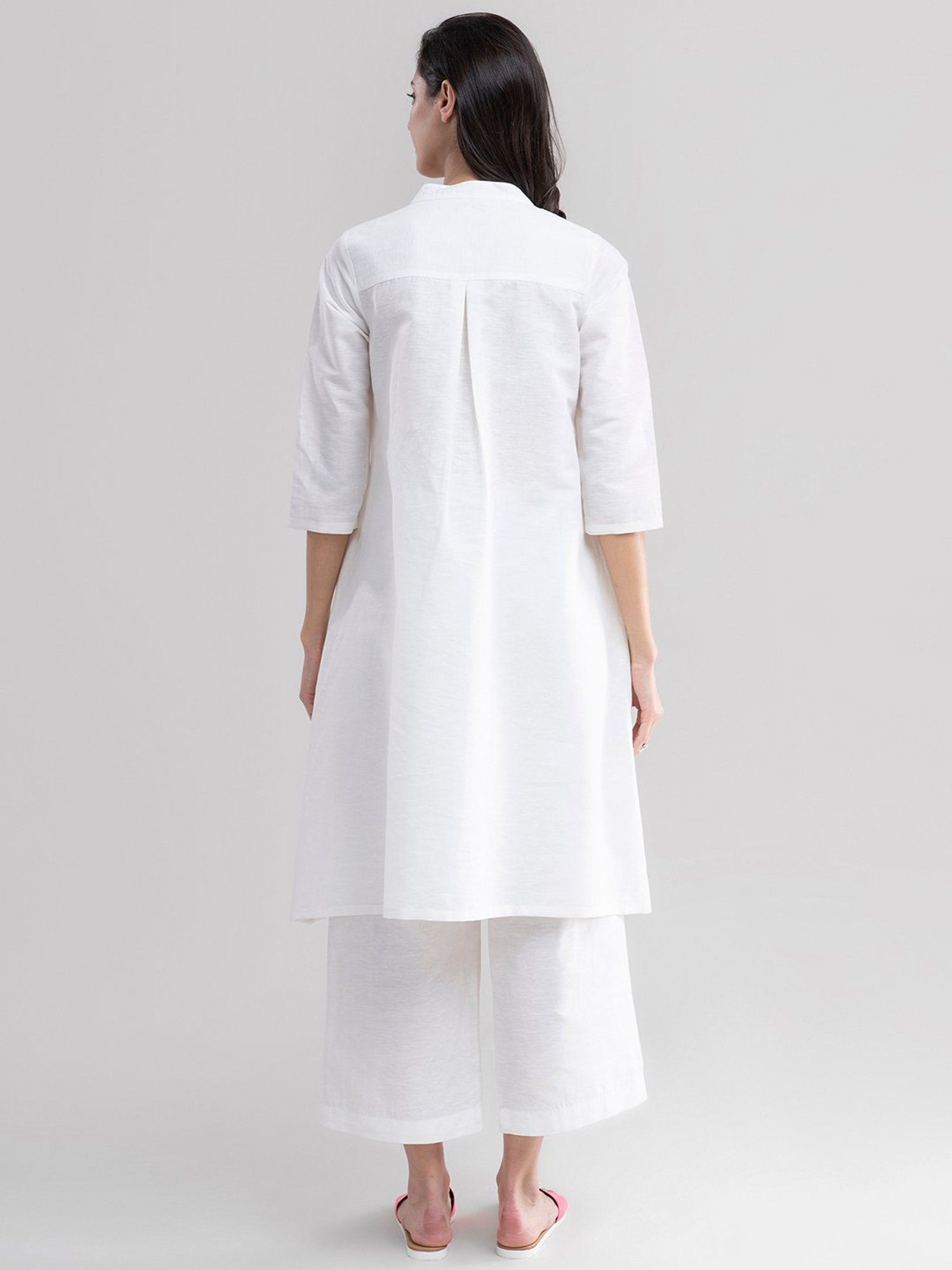 Pink Fort White Linen Kurta Palazzo Set
