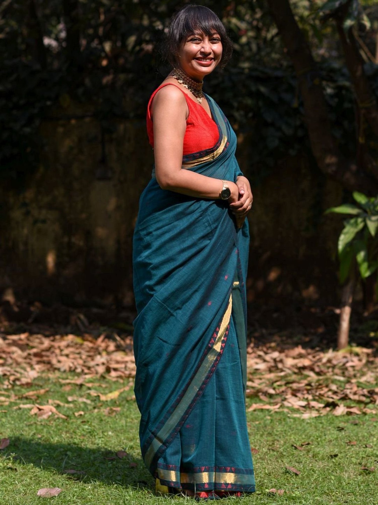 Suta Teal Blue Cotton Woven Saree Without Blouse