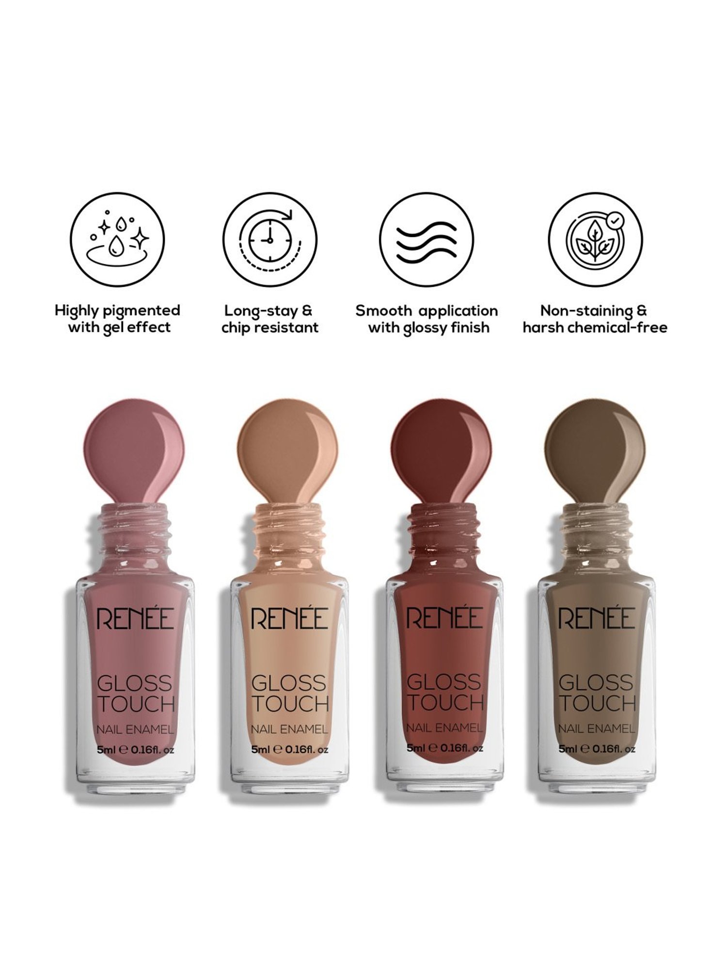 RENEE Gloss Touch N02 Everyday Nudes Nail Enamel - Pack of 4