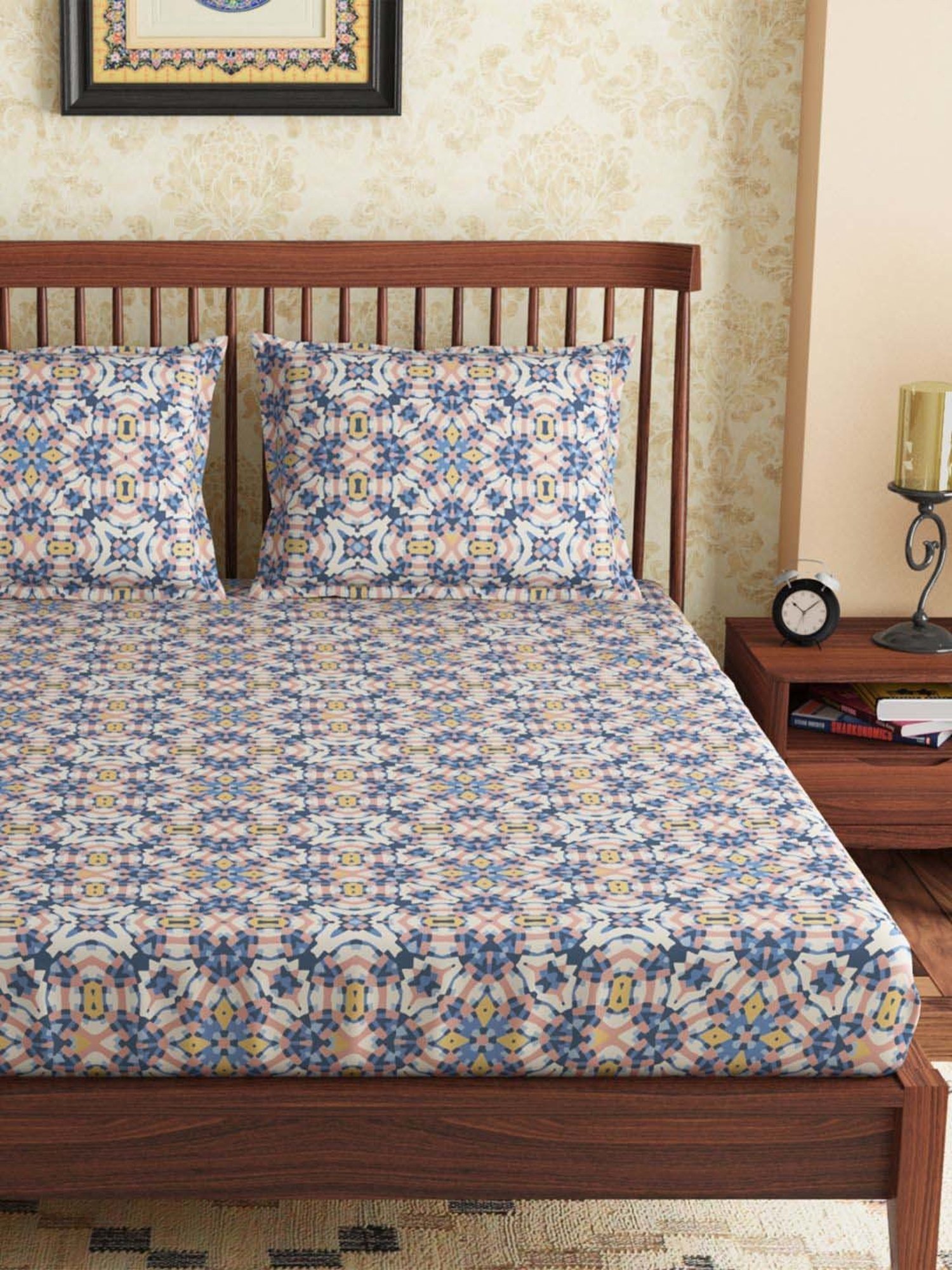 Petal Home Alhambra Blue & Beige Cotton 300 TC Queen Bedsheet with 2 Pillow Covers