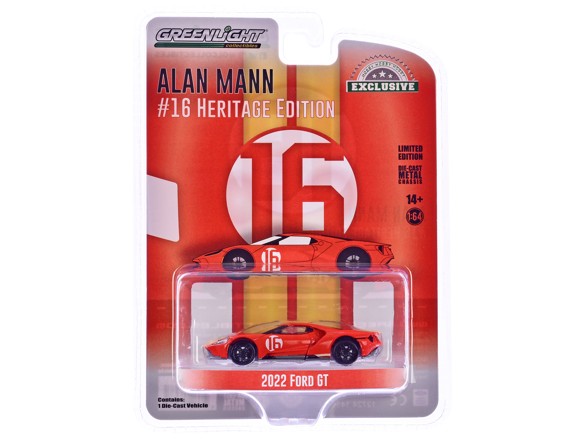 2022 Ford GT Heritage Edition #16 Alan Mann "1966 Ford AM GT-1 Prototype Tribute" Red with Stripes "Hobby Exclusive" Series 1/64 Diecast Model Car by Greenlight