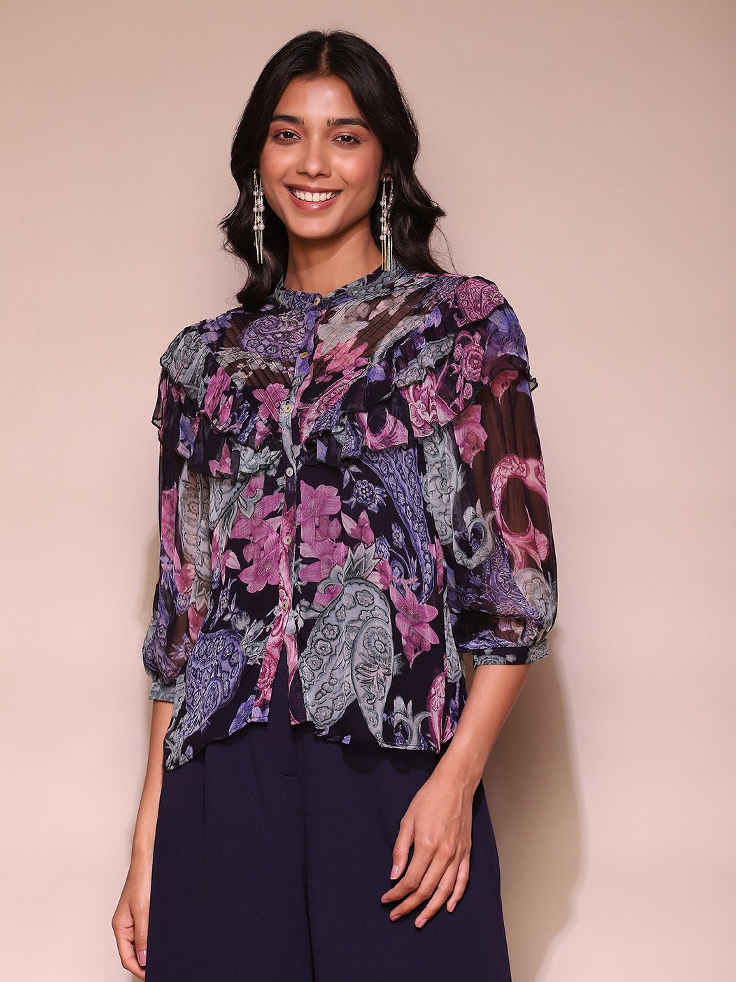 Label Ritu Kumar Navy Floral Print Top