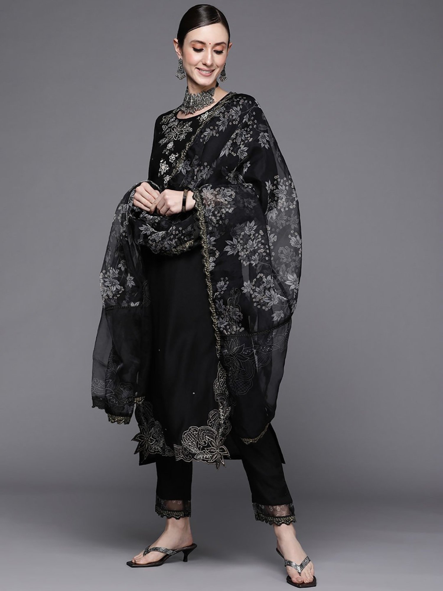 Indo Era Black Embroidered Kurta Pant Set With Dupatta