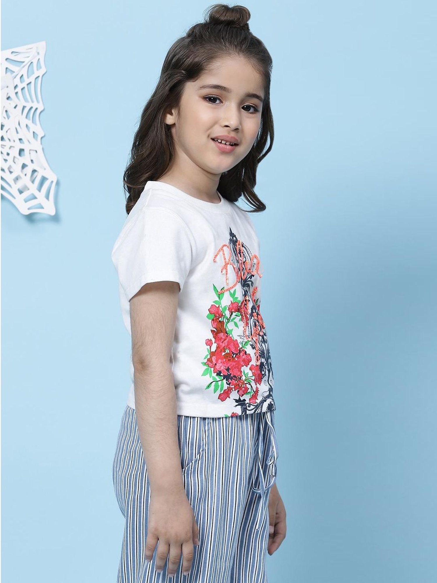 BIBA Girls White Cotton Printed T-Shirt