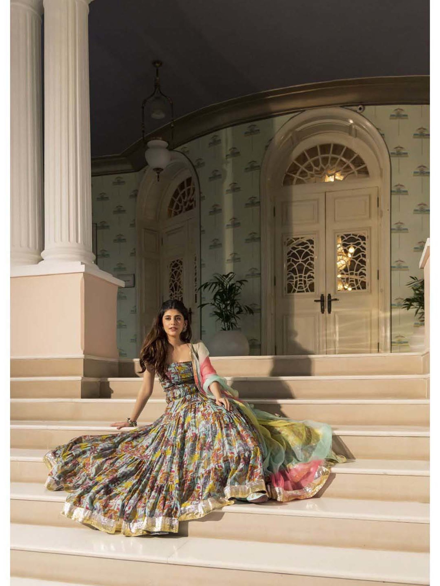 AACHHO Blue Floral Print Lehenga Choli Set With Dupatta