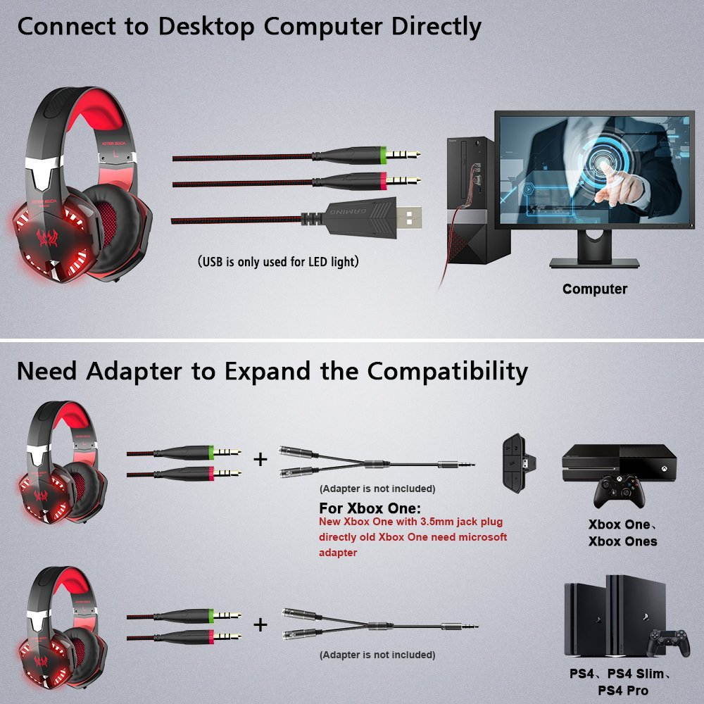 VersionTech G2000 Gaming Headset for PC Computer, Comfortable Over Ear Headphones with Microphone, Led Lights & In-Line Volume Control (Not compatible with PS3/PS4/Xbox One/Xbox 360)- Red