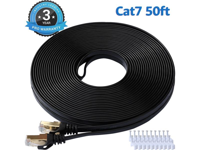 Cat 7 Ethernet Cable 100 ft LAN Cable Internet Network Cord for PS4, Xbox, Router, Modem, Gaming, Black Flat Shielded 10 Gigabit RJ45 High Speed Computer Patch Wire.