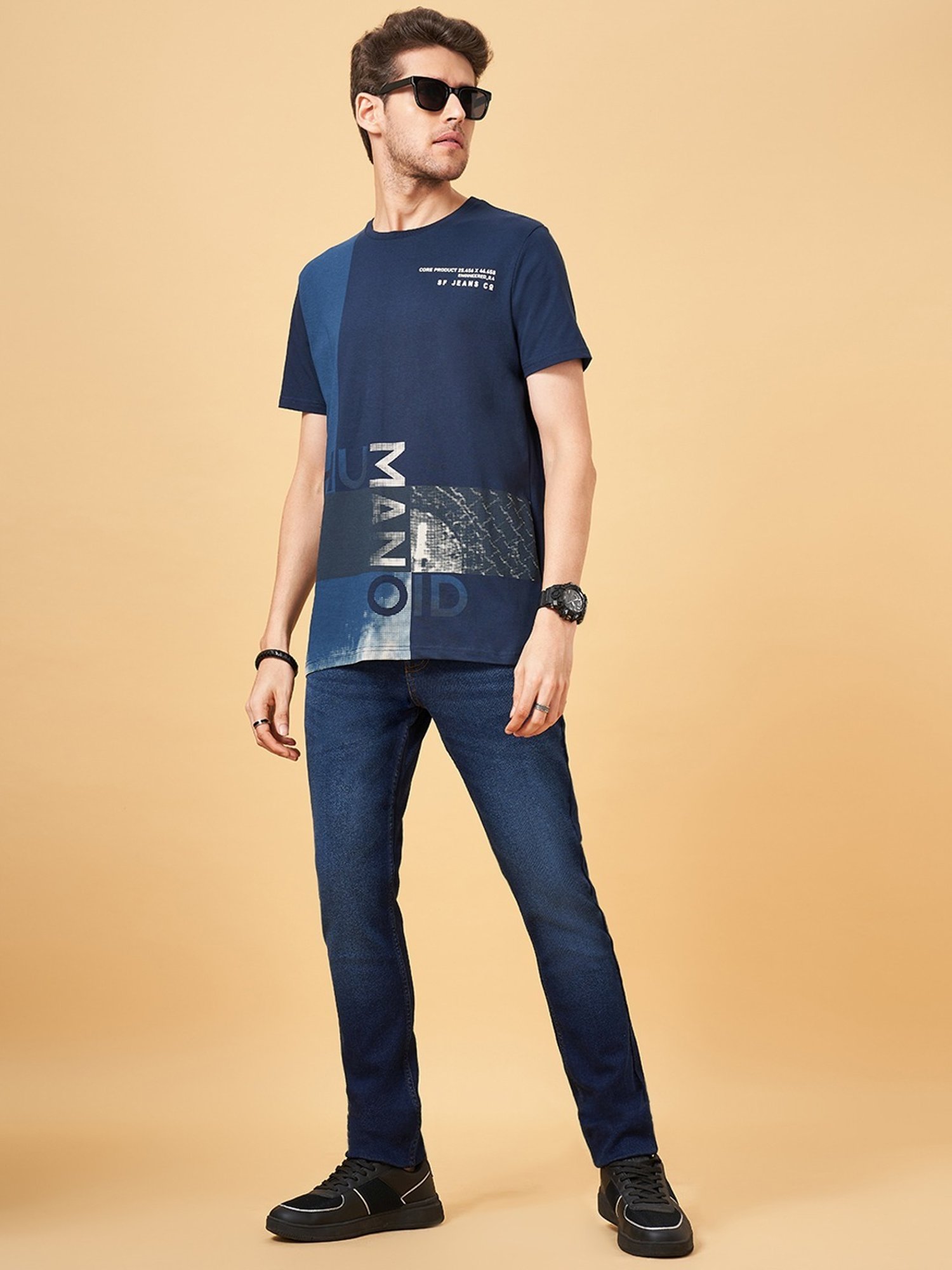 SF Jeans by Pantaloons Dress Blues Cotton Slim Fit Printed T-Shirt