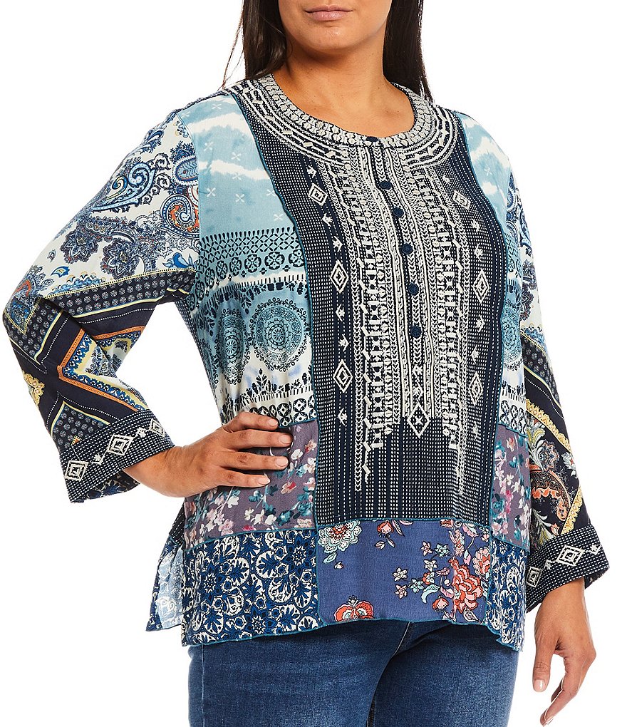 John Mark Plus Size Long Sleeve Jewel Neck Multi Print Embroidery Button Front Tunic