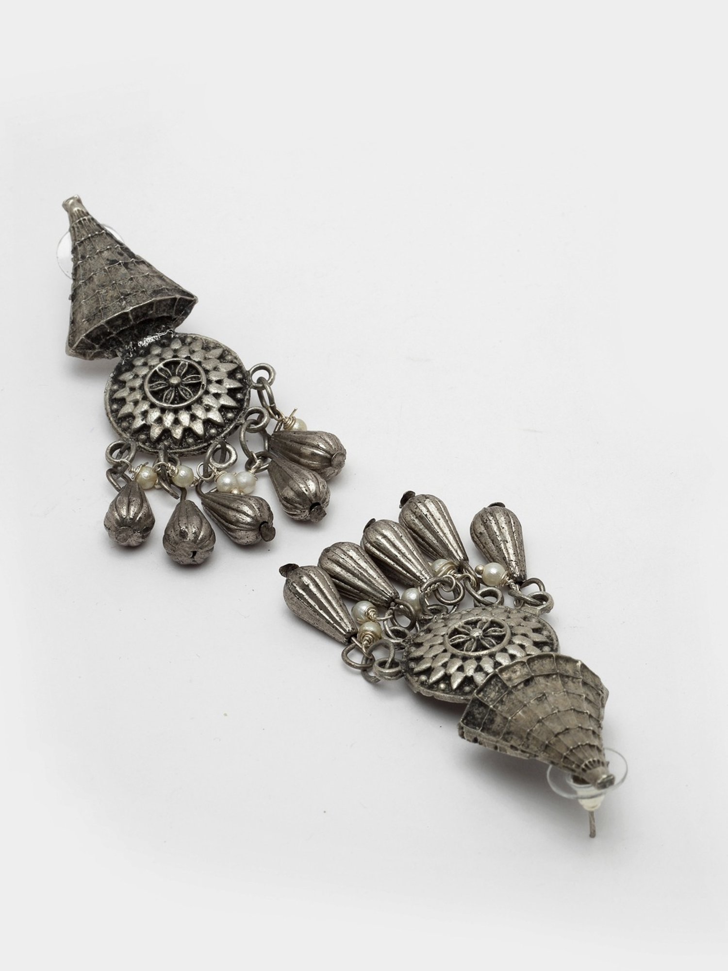 Moedbuille Pearls and Beads Antique Tasselled Design Oxidised Silver Plated Tribal Earrings