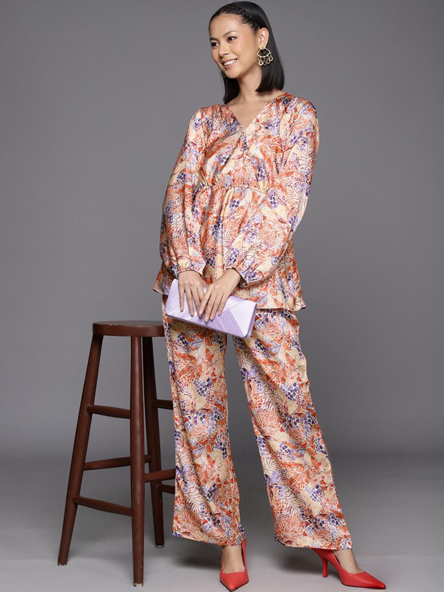 Varanga Beige Floral Print Top Pant Set