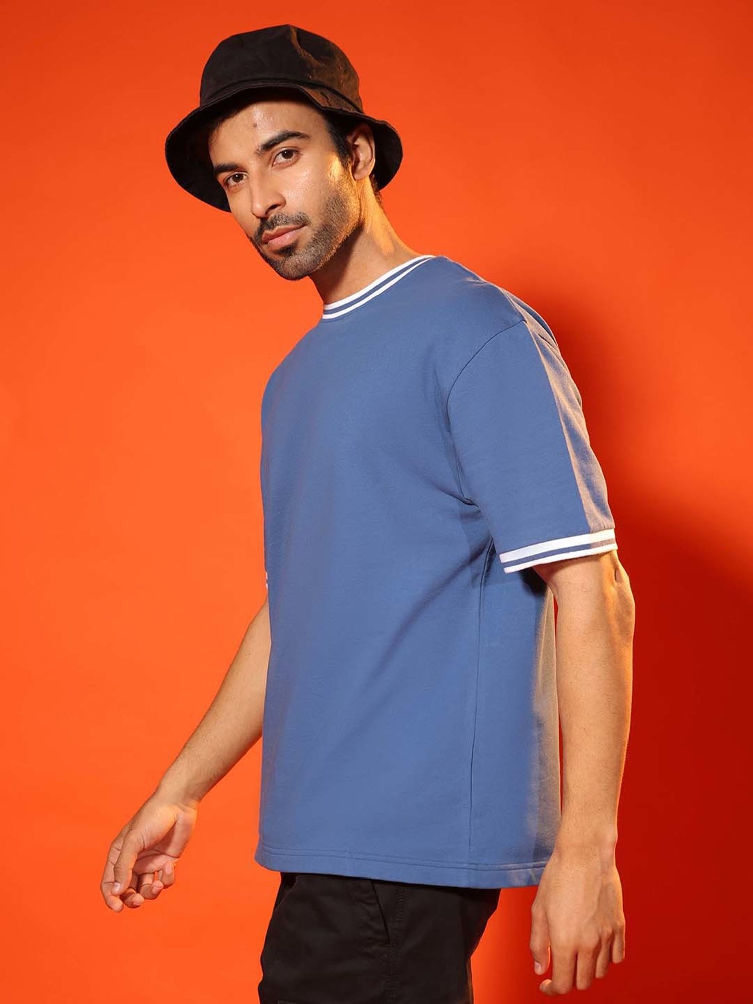 SUBTRACT Dark Blue Regular Fit Cotton Oversized Crew T-Shirt