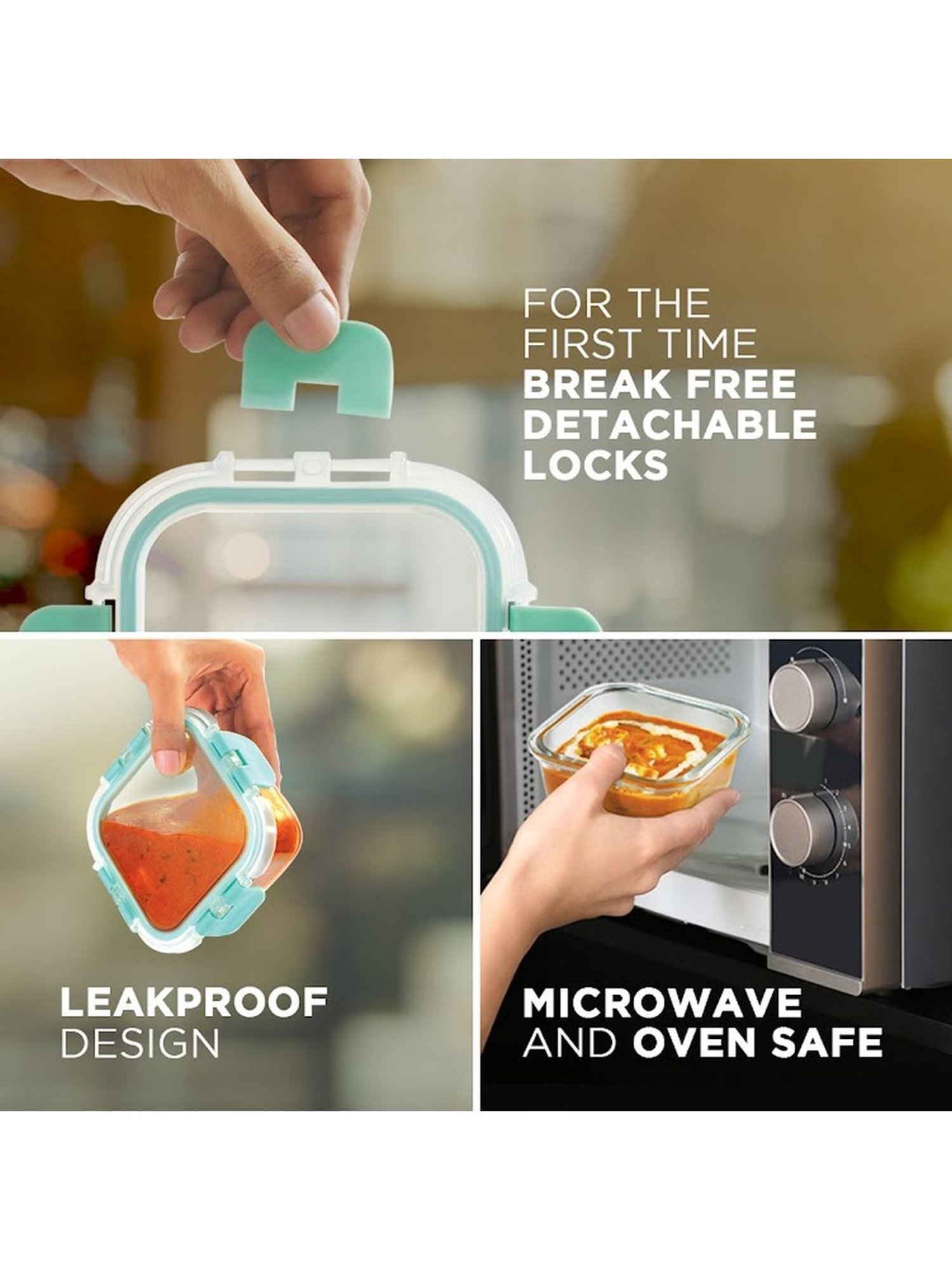 Borosilicate Glass Lunch Box Microwave Oven Safe with Detachable Lock and Canvas Grey Tiffin Bag