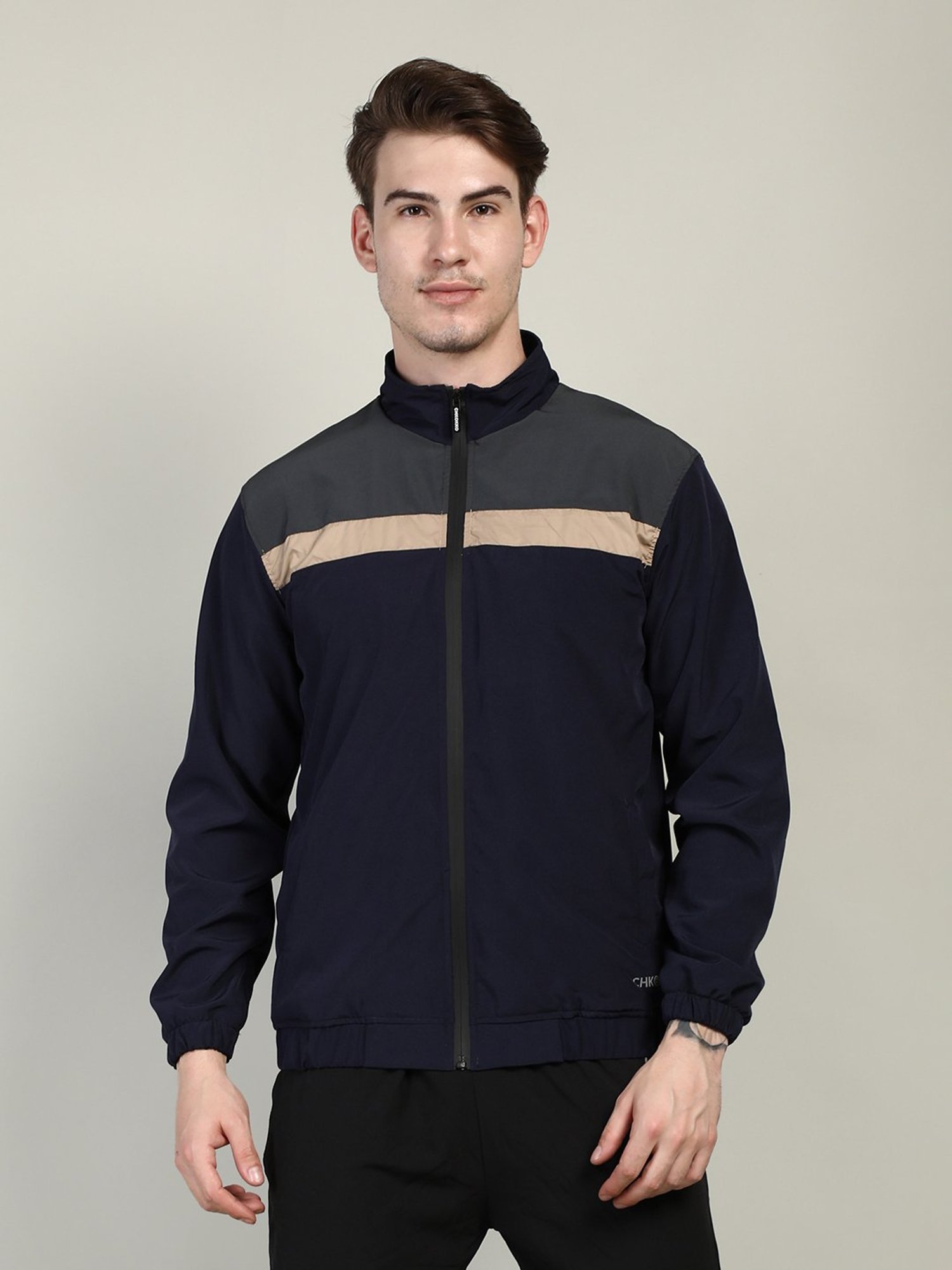 Chkokko Dark Grey & Navy Regular Fit High Neck Wind Cheater Jacket