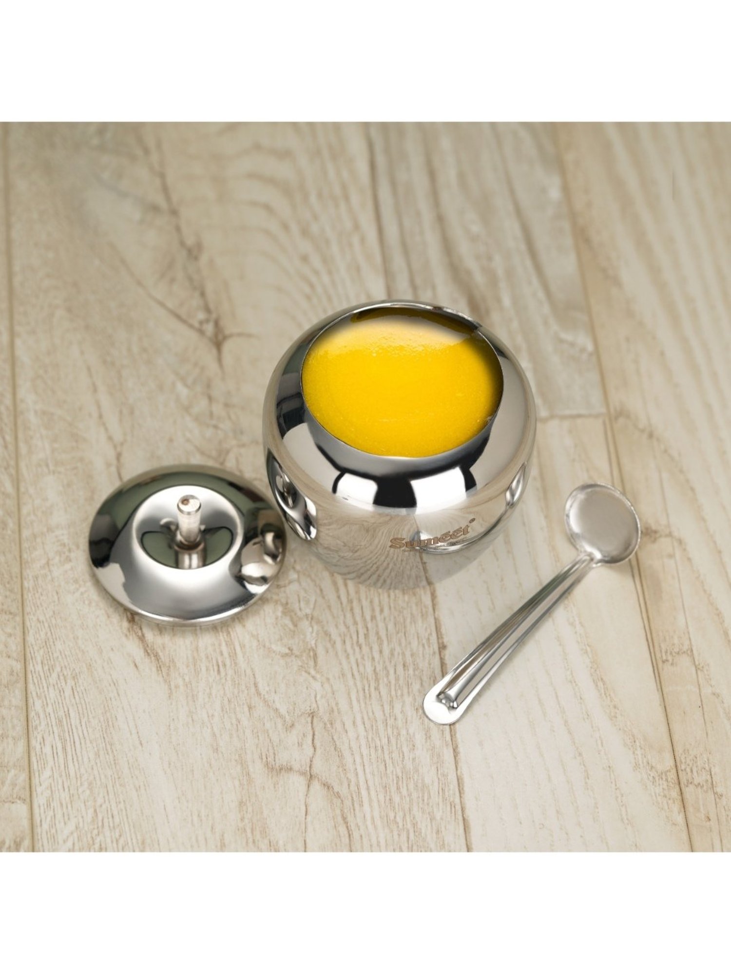 Sumeet S.S.Apple Shape Ghee & Oil Pot,Storage Container with Spoon for Kitchen,9cm,350ML-(Pack of 1)