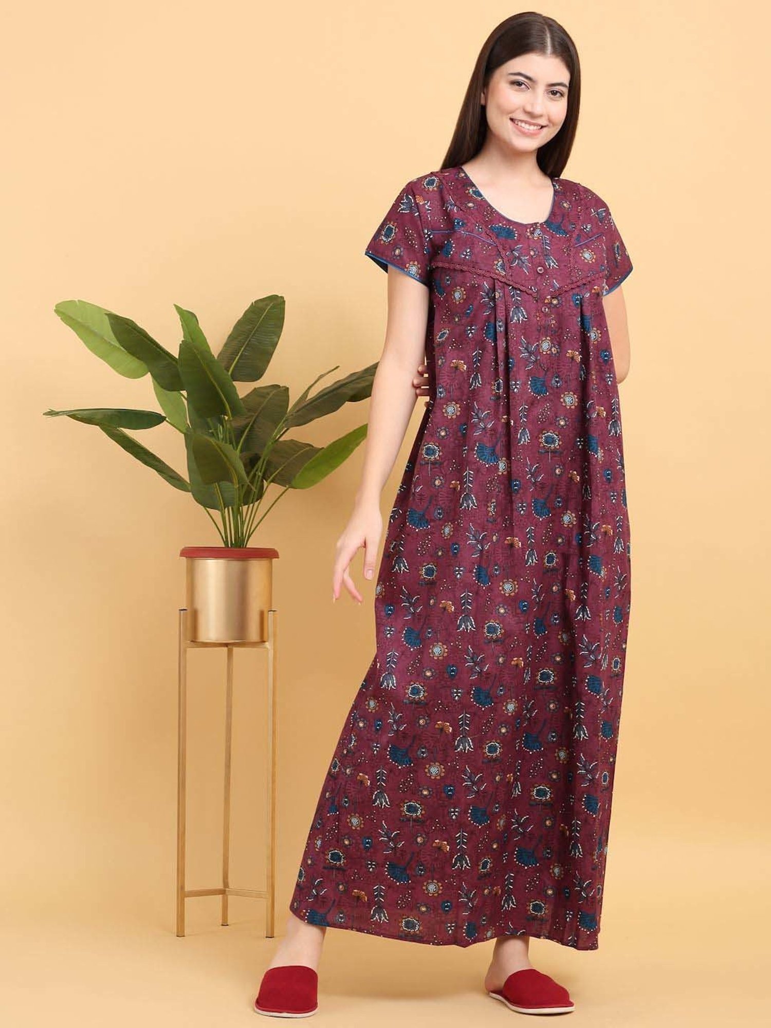 Sweet Dreams Red Cotton Printed Night Dress