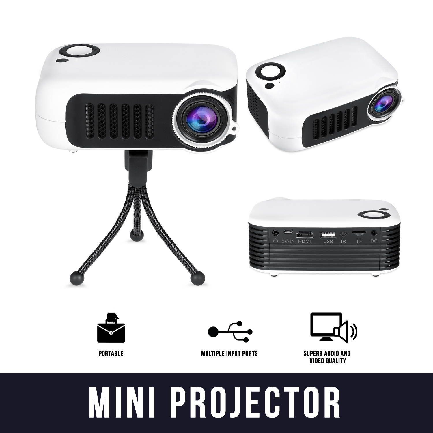 Dartwood Portable Mini Projector with HDMI, USB, and TF Memory Ports - Enhance Your Movie, TV and Gaming Experience in the Office or Bedroom (White)