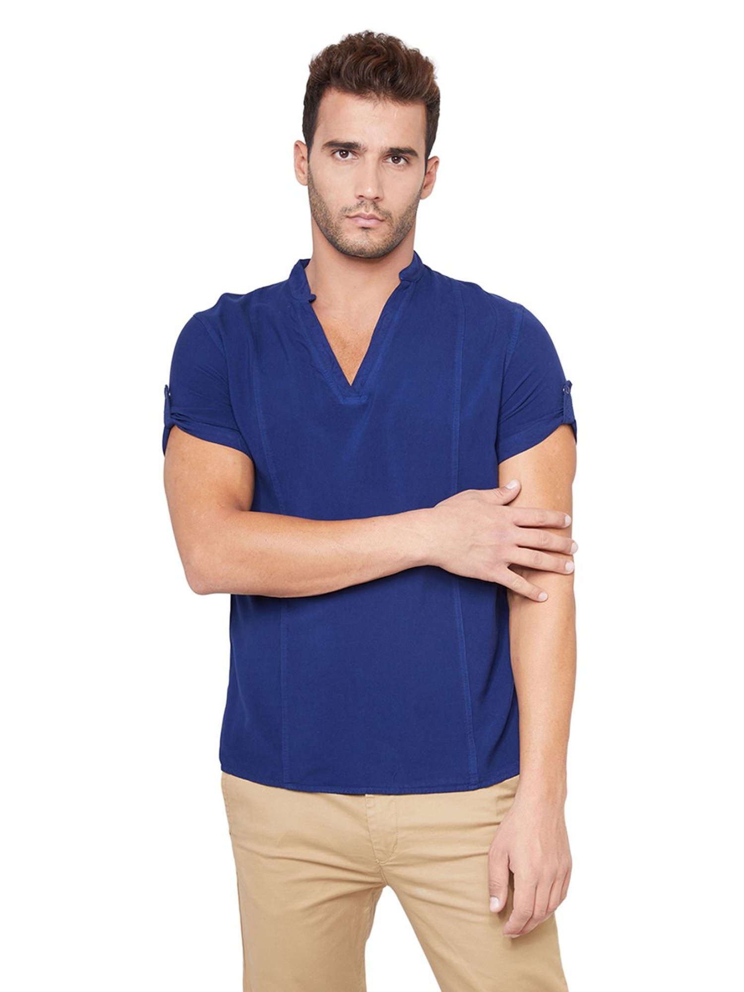 Identiti Navy Blue Slim Fit Short Kurta