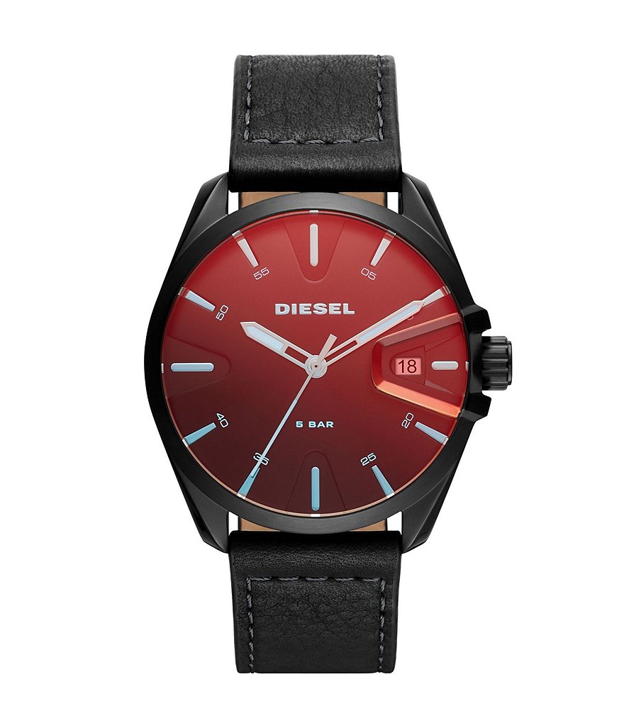 Diesel MS9 Three-Hand Date Black Leather Watch