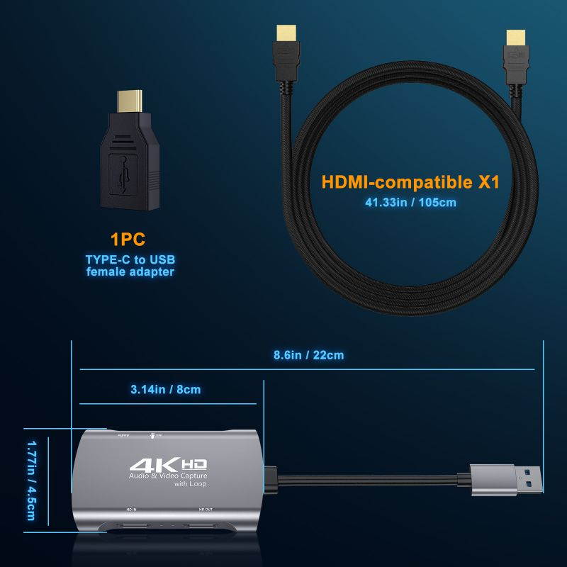 Foxnovo Video Capture Cards - HDMI to USB 3.0 4k Loop Out 1080P 60FPS Live Real-time Game Capture Device, Compatible with DSLR Camcorder/Camera/PS4/PS3/Switch