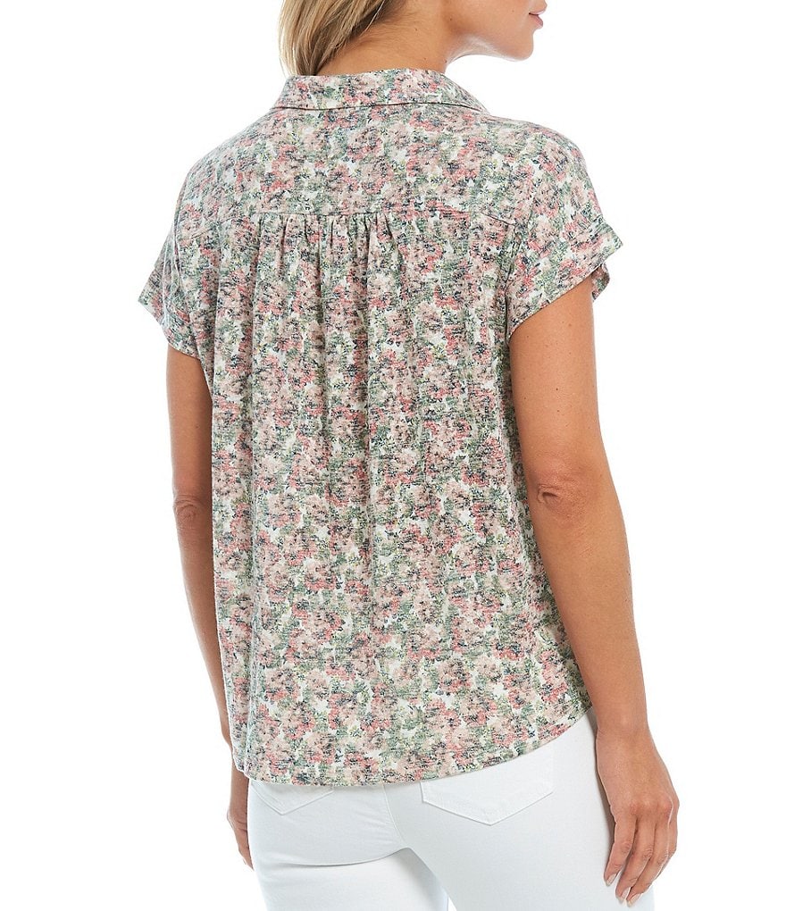 Bobeau Pink Floral Print Point Collar Short Cuffed Dolman Sleeve Top