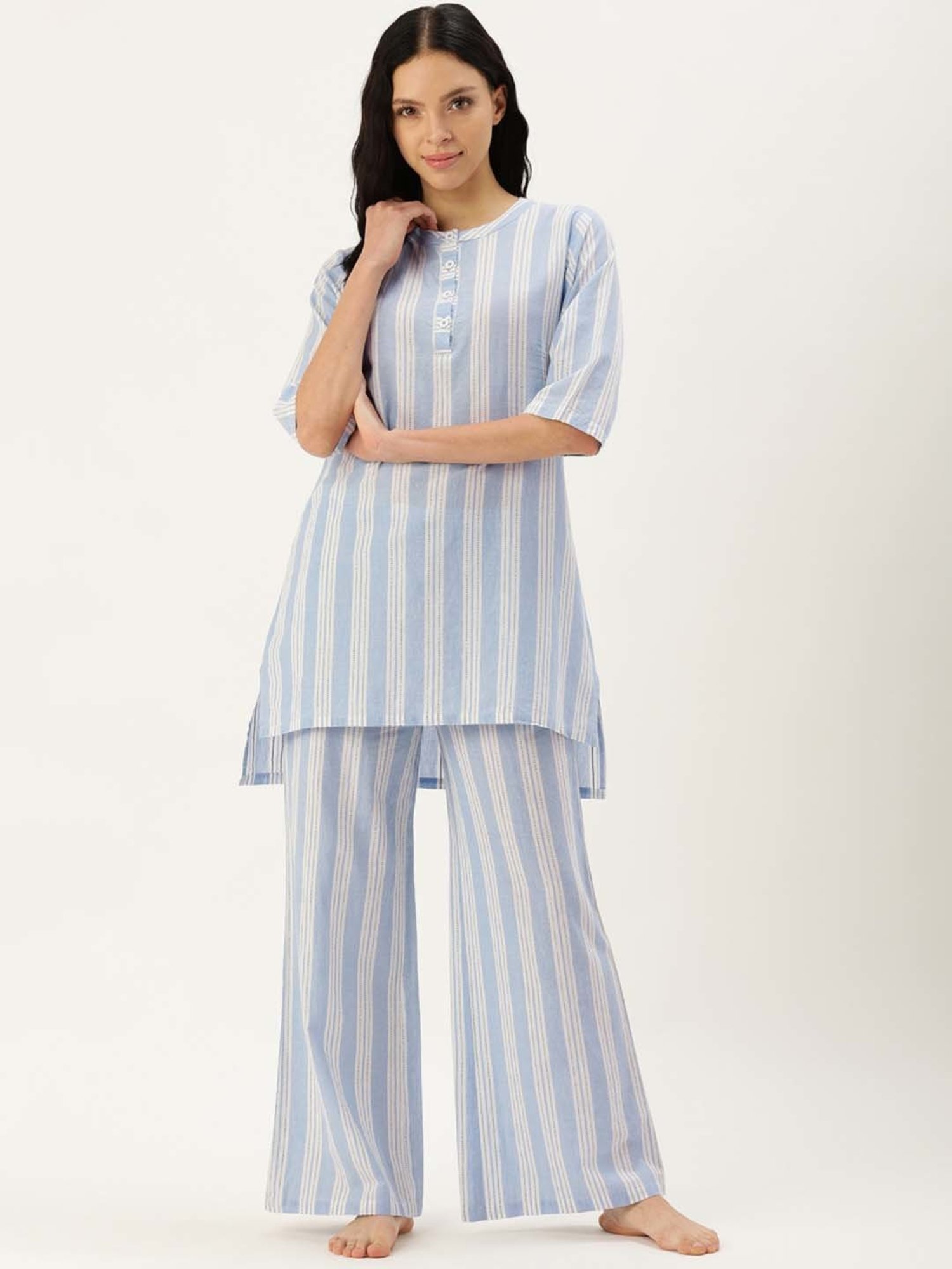 Clt.s Blue Cotton Striped Kurti Palazzo Set