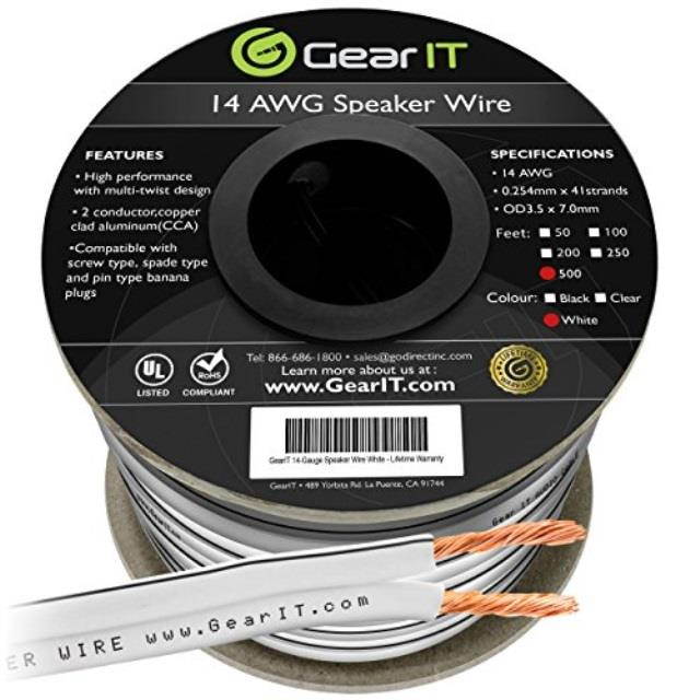 14awg speaker wire, gearit pro series 14 awg gauge speaker wire cable 500 feet / 152.4 meters great use for home theater speakers and car speakers white