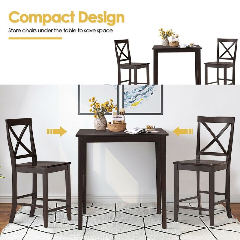 Costway 3-Piece Kitchen Dining Set Counter-Height Square Table with 2 Chairs Rubber Wood Espresso