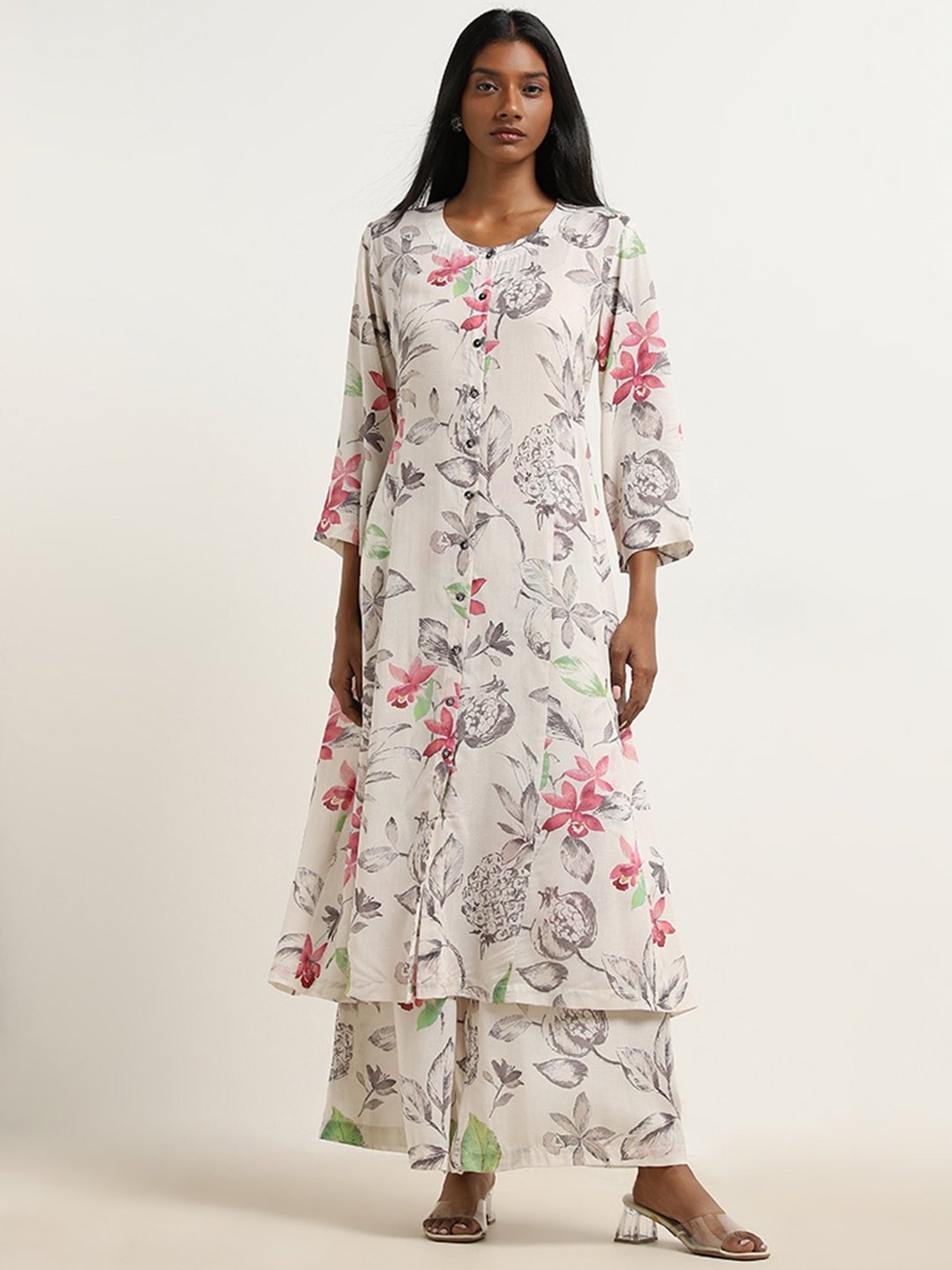 Zuba by Westside Off-White Floral Design High-Rise Palazzos