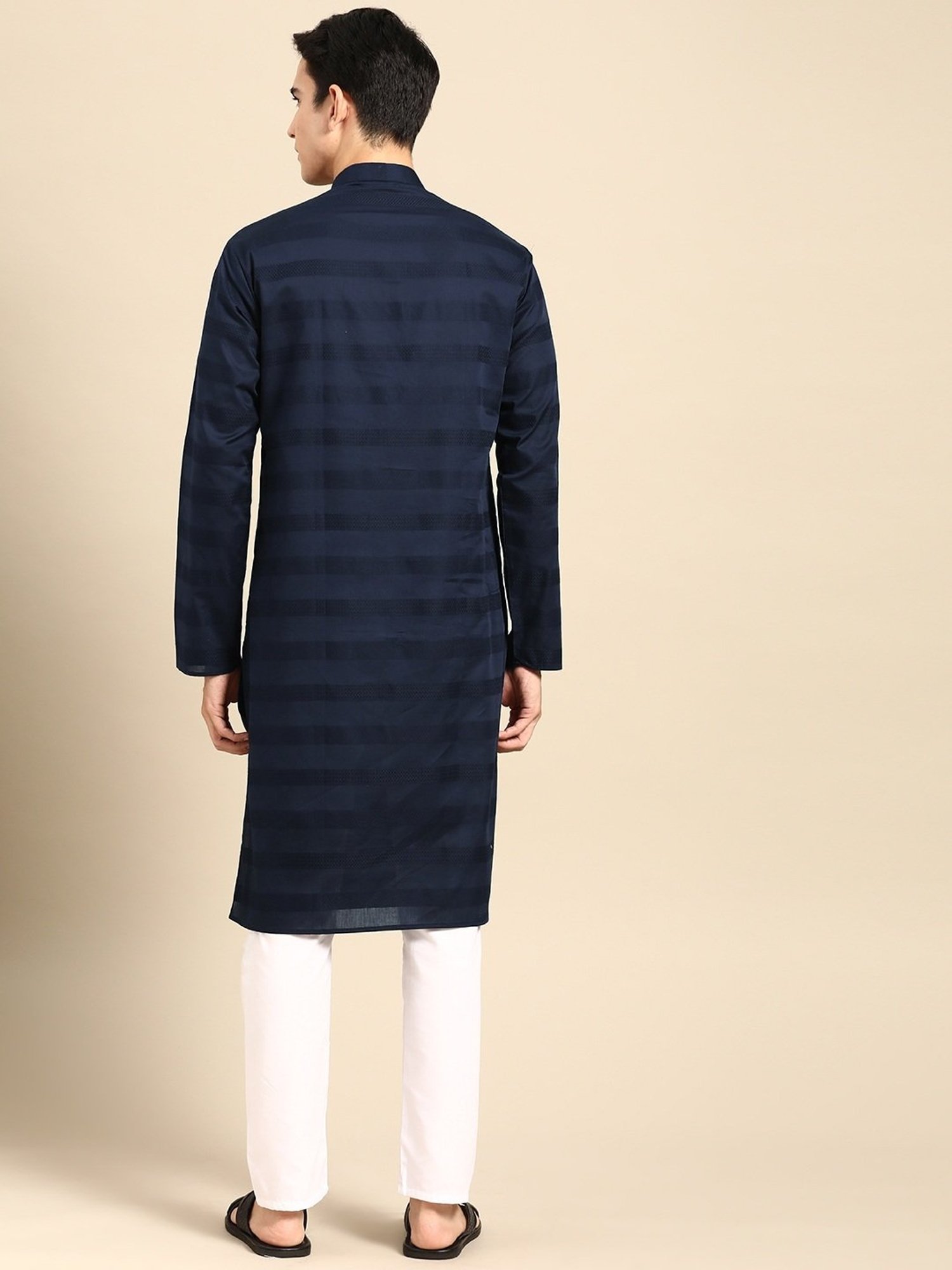 ManQ Blue & White Pure Cotton Regular Fit Striped Kurta Bottom Set