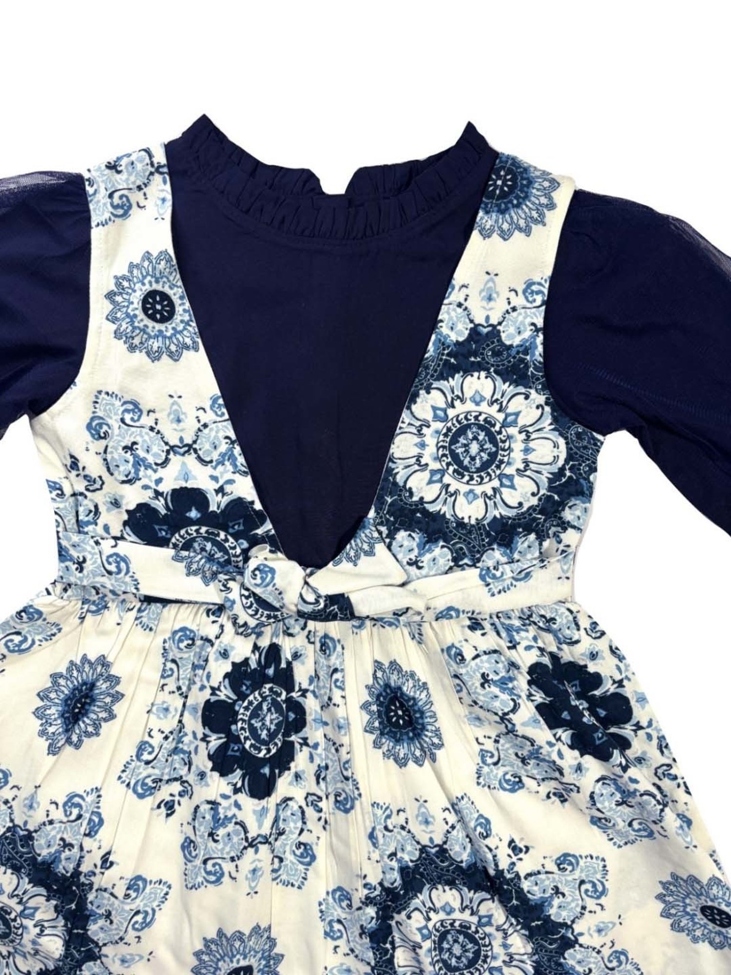 Bella Moda Kids Navy & White Cotton Printed Full Sleeves Dress