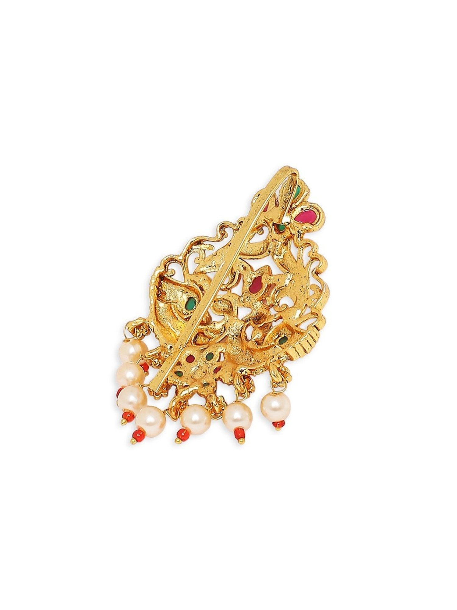 OOMPH Red Maroon & Green Stones Ethnic Peacock Design Hair Bun Pin Juda Pin